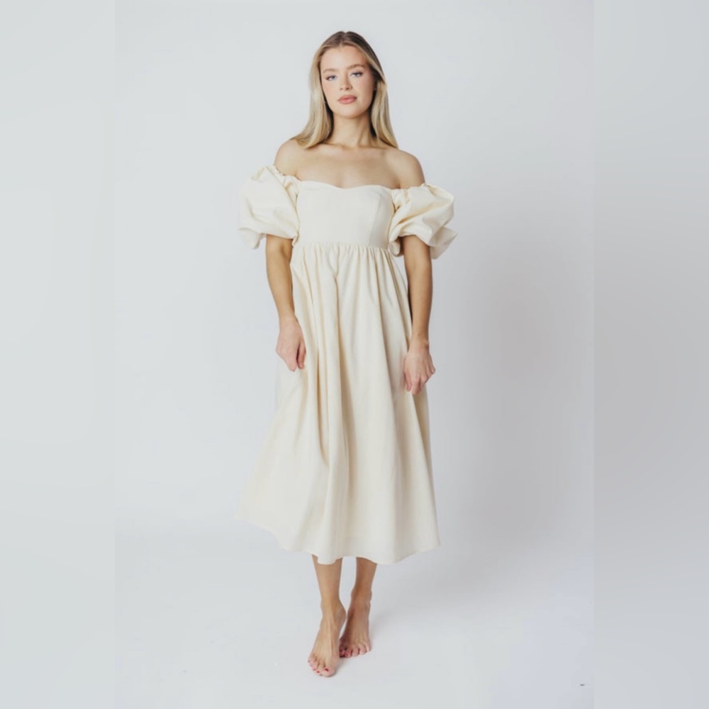 Linen-blend Hamilton On/Off-Shoulder Cream Dress